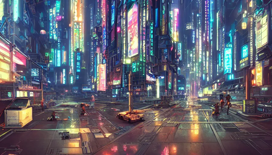 Prompt: A beautiful picture of an establishing shot of a cyberpunk neo tokyo city street by Sergey Vasnev and square pictures , trending on artstation