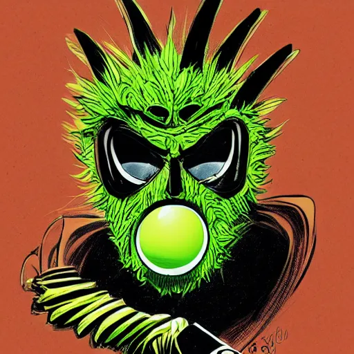 Image similar to a green tennis ball monster dressed like a super hero, black and gold, digital art, fantasy, magic, chalk, trending on artstation, ultra detailed, professional illustration by basil gogos