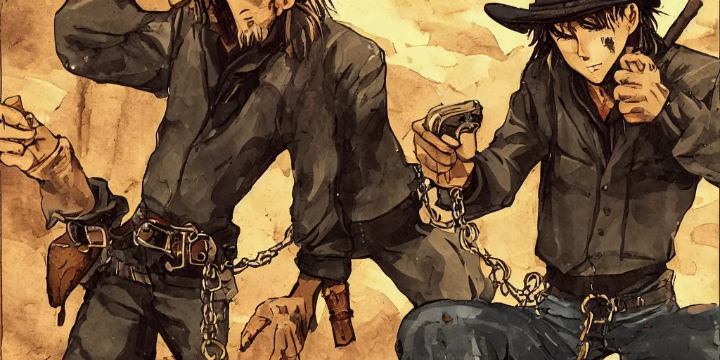 Prompt: rugged bandit ( ( alone ) ) in the old west, handcuffed by shackles at a campfire, cinematic, dark, grim, starry sky, in the style of trigun anime