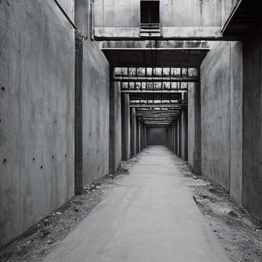 Image similar to concrete corridor with ghost in the end, dark, moody, by Zhang Kechun