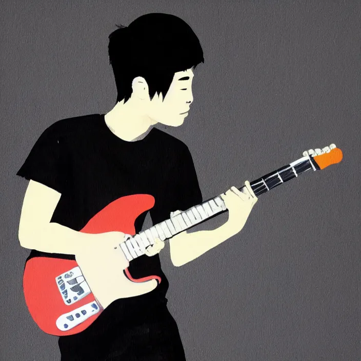 Image similar to minimal brush strokes painting of a young korean man wearing black t shirt holding a telecaster!!! electric guitar!!, dark background, huge dramatic brush strokes, matte colors, abstract, masterpiece, impressionist, trending on artstation
