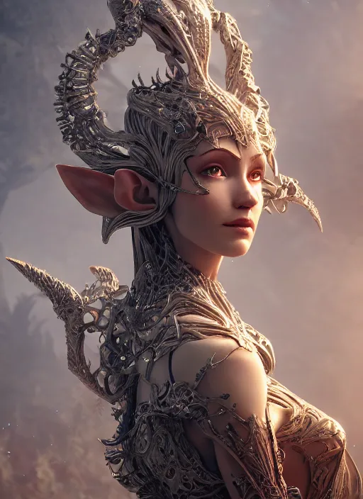 Image similar to stunning biomechanical impish elven incredible hair, masterpiece crystalline incrustations, hyperdetailed face, elegant pose, movie still, intricate, octane render, cinematic lighting, cgsociety, unreal engine,