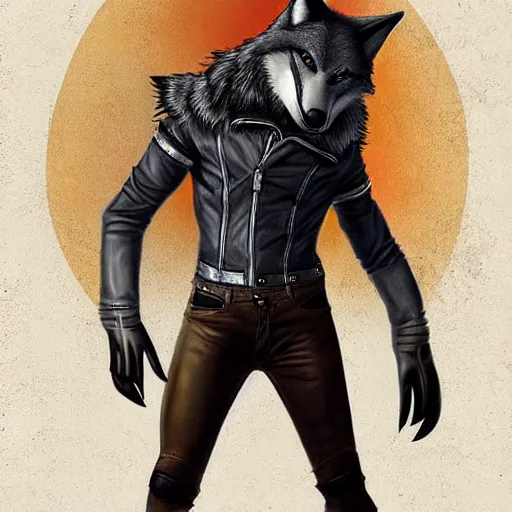 Image similar to A wolf-fox hybrid with a small head wearing a leather jacket and leather jeans and leather gloves, trending on FurAffinity, energetic, dynamic, digital art, highly detailed, FurAffinity, high quality, digital fantasy art, FurAffinity, favorite, character art