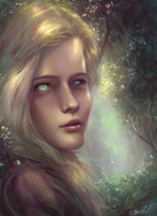 Image similar to girl lying in forest, face close up, art by charlie bowater