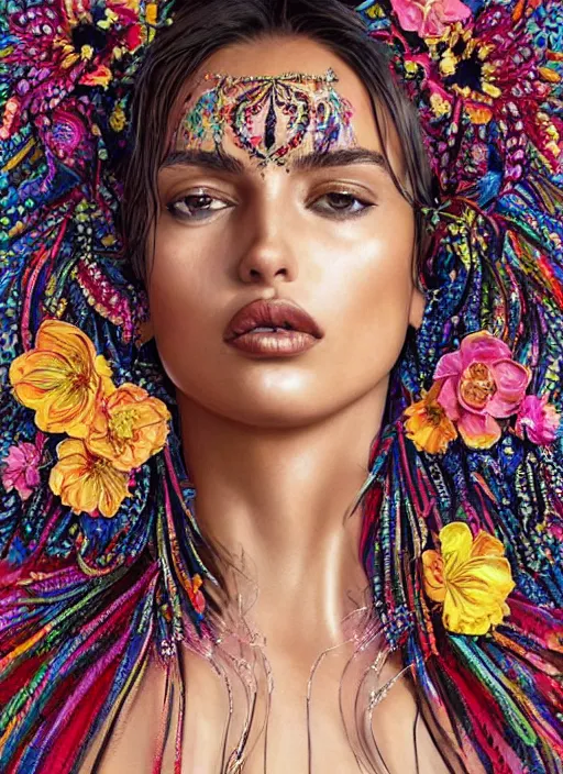 Image similar to beautiful portrait of Irina Shayk wearing fantastic dress,embellished beaded feather decorative fringe knots ,colorful pigtail,subtropical flowers and plants,perfect symmetrica body shape,symmetrical face,intricate,elegant,highly detailed,8k,post-processing,digital painting,harper's bazaar,trending on pinterest,concept art, sharp focus, illustration, by artgerm,Tom Bagshaw,Lawrence Alma-Tadema,greg rutkowski,golden ratio