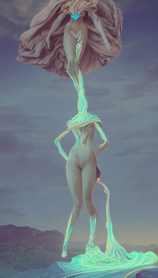 Prompt: giant statues across the desert, neon, fibonacci, girls, sweat drops, insane, pinup, intricate, highly detailed, digital painting, artstation, concept art, smooth, sharp focus, illustration, Unreal Engine 5, 8K, art by artgerm and greg rutkowski and alphonse mucha