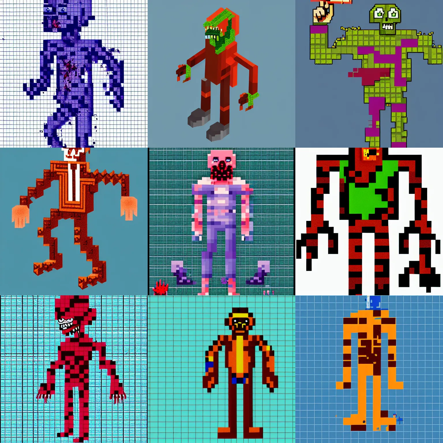Prompt: a zombie, blueprint, pixel art, isometric, full body, realistic, very detailed, hi res, white background