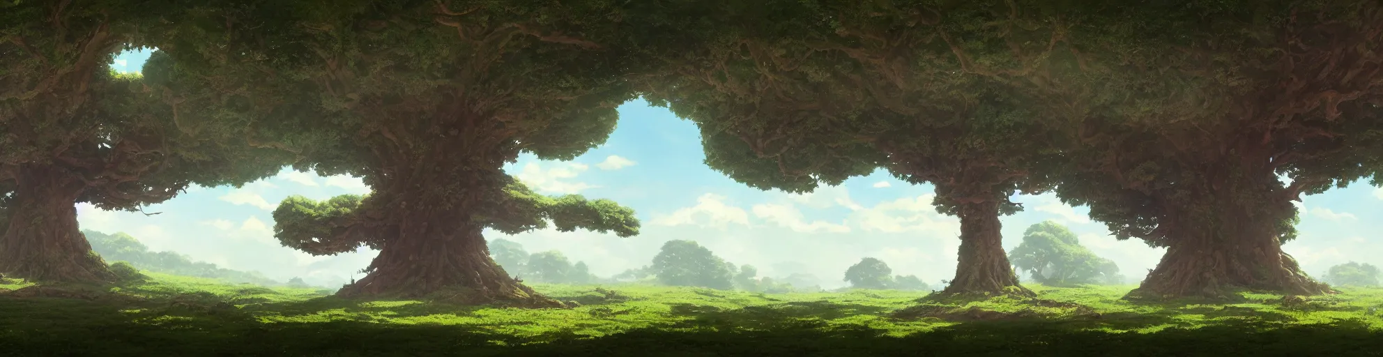 Prompt: A panorama landscape of a single ancient oak tree, Studio Ghibli, abandoned castle in the sky, animated, anime, illustrated, vibrant, overgrown, by Greg Rutkowski, dungeons and dragons on artstation