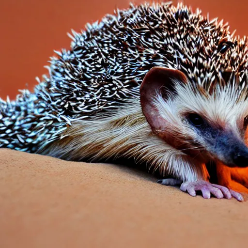 Prompt: a hedgehog as the egyptian sphynx statue, hd 4 k detailed photo, pyramids in the background