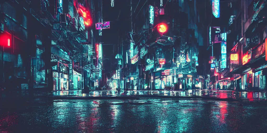 Image similar to a city street at night, raining, photograph, cyberpunk, sharp focus, intricate detail, Desolate, drone shot, high resolution, 8k, neon streetlights, wires hanging down everywhere