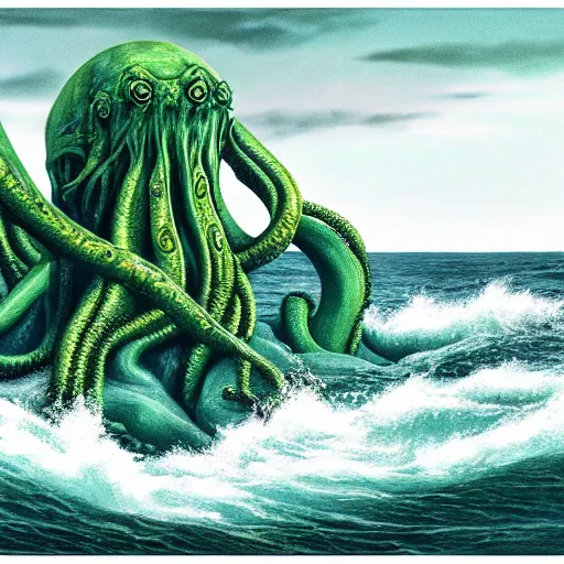 Prompt: photo of cthulhu at sea, hyper realism, 8 k