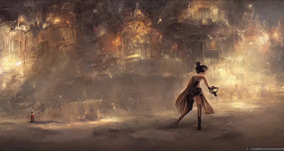 Prompt: craig mullins and ghibli digital art of on the huge stage, the masked female violinist playing alone, she wore a strong exotic costumes, gold ornaments, black hair, unreal engine, hyper realism, realistic shading, cinematic composition, realistic render, octane render, detailed textures, photorealistic, wide shot