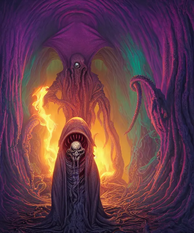 Image similar to hooded necromancer in front of a cthulhu within a viscosity fluid lovecraft portal, digital art by dan mumford and peter mohrbacher and wayne barlowe, intricate detail, subsurface scattering, ray tracing, unreal engine, octane render, synthwave color scheme