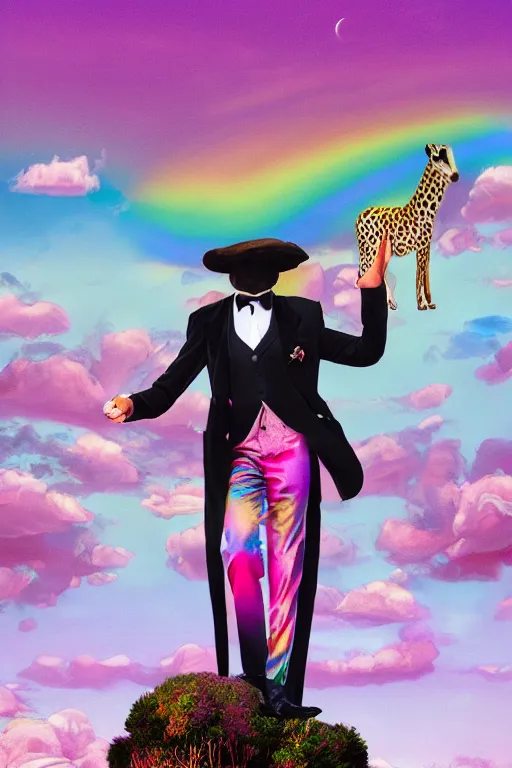 Prompt: Ethereal safari landscape with a pink rainbow sky under a god moonstone, black leather and embroidered Lolita dapper tuxedo in velvet, rich color, dramatic cinematic lighting, featured on Artstation, extremely detailed by Lisa Frank