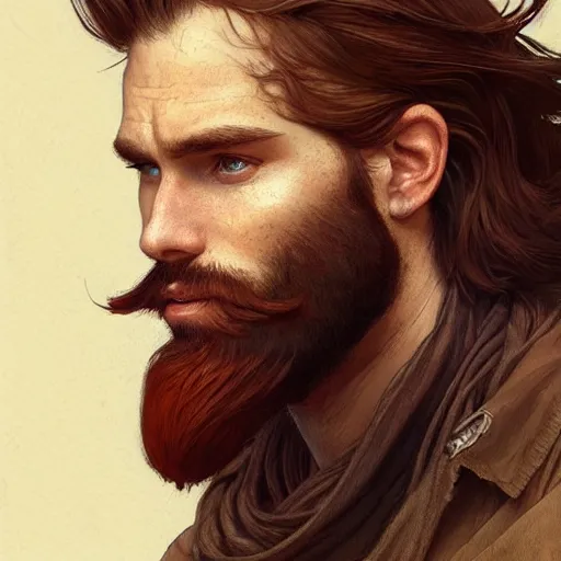 Image similar to portrait of a rugged ranger, 25 years old, beard, male, masculine, upper body, red hair, long hair, soft hair, D&D, fantasy, intricate, elegant, highly detailed, digital painting, artstation, concept art, matte, sharp focus, illustration, art by Artgerm and Greg Rutkowski and Alphonse Mucha