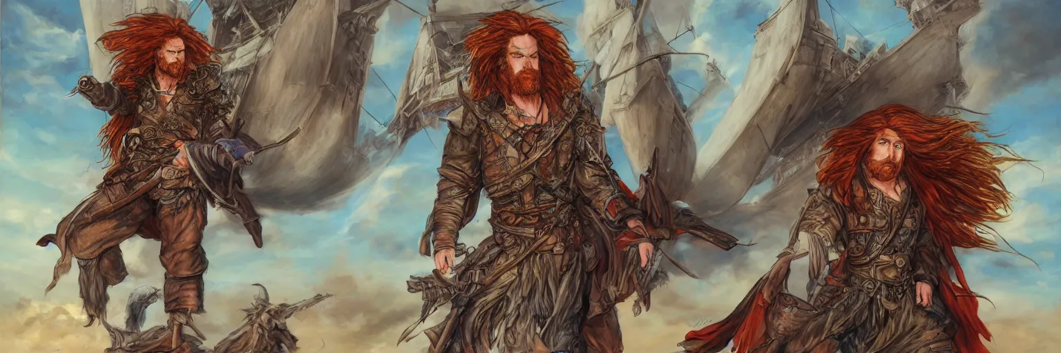 Image similar to colored pencils an epic fantasy comic book style portrait painting of a long haired, red headed male sky - pirate in front of an airship, character sheet, fine details, concept design, contrast, kim jung gi, pixar and da vinci, trending on artstation, 8 k, 3 6 0 head, turnaround, front view, back view, ultra wide angle