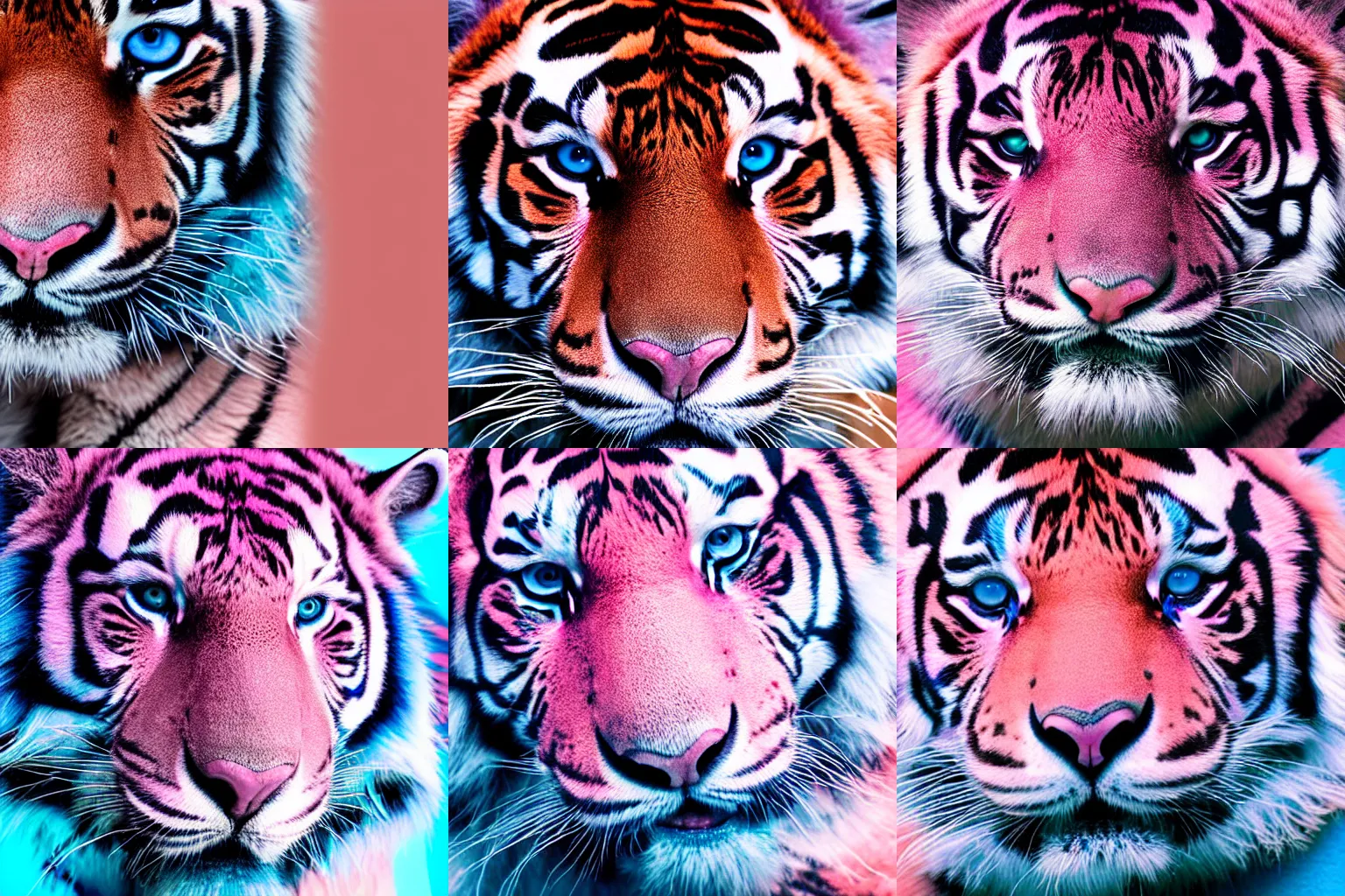 Image similar to a close up photograph with a faded color palette, extreme details and studio lighting of a pink tiger with realistic fur on blue gradient background, 8 k, portrait
