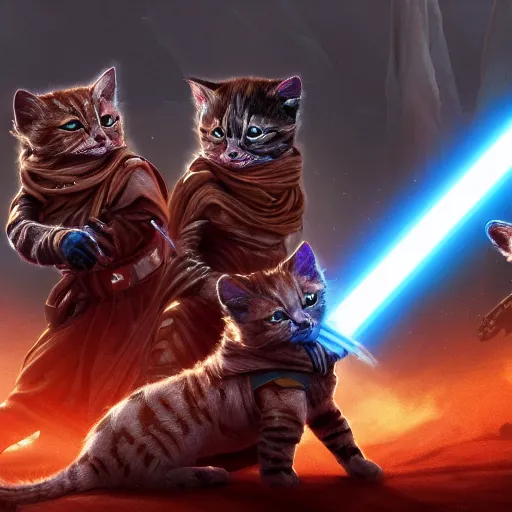 Image similar to extreme detail jedi kittens!!!!!! in star wars universe in epic battlefield, octane, redshift, fueled by caffeine, 8 k, oled, shadows, reflections, hyper detailed, chromatic, tribal, symmetric, digital art, artstation, behance