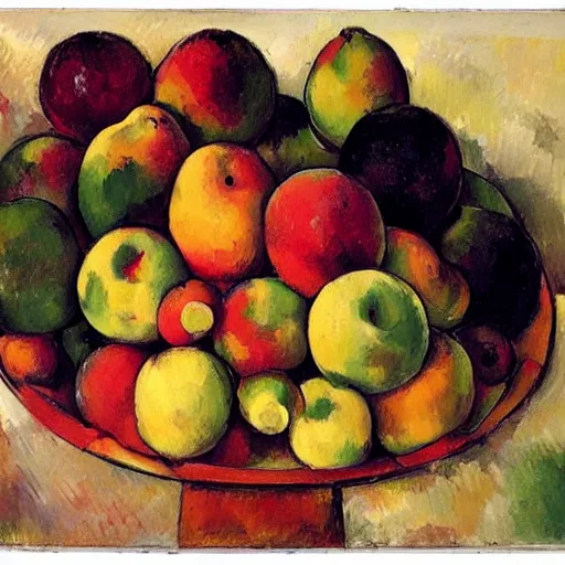 Prompt: a still - life bowl of fruit where every piece if made of a human that looks like a fruit in the style of paul cezanne