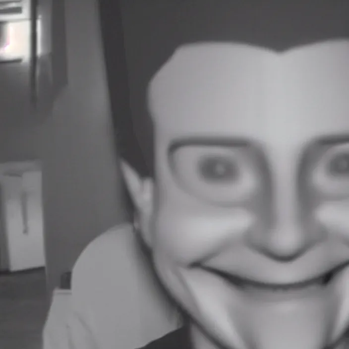 Image similar to cctv footage of an uncanny figure smiling at the camera, creepy