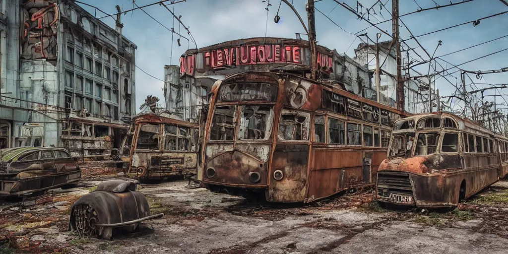 Image similar to low wide angle shot of dilapidated fallout 5 europa, retro futuristic overgrown euro cityscapes, desolate, dilapidated neon signs, few rusted retro futuristic vintage parked vehicles like cars, buses, trucks, trams, volumetric lighting, photorealistic, daytime, spring, clear weather, sharp focus, ultra detailed, 3 5 0 0 k