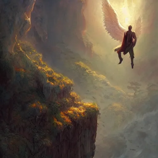 Image similar to angel protecting man falling from a cliff, detailed intricate ink illustration, happy atmosphere, detailed illustration, hd, 4k, digital art, overdetailed art, by greg rutkowski, by loish, complementing colors, Trending on artstation, movie poster style