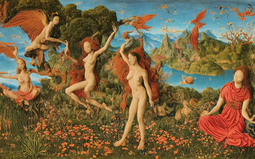 Prompt: a portrait photograph of a meditating harpy and a centaur monk riding a phoenix and hunting at a river delta. surrounded by bulbous flowers and trees. mountain range under a blue sky of fiery stars. by jan van eyck, max ernst, ernst haeckel, ernst fuchs and artgerm, cgsociety, fashion editorial, 8 k