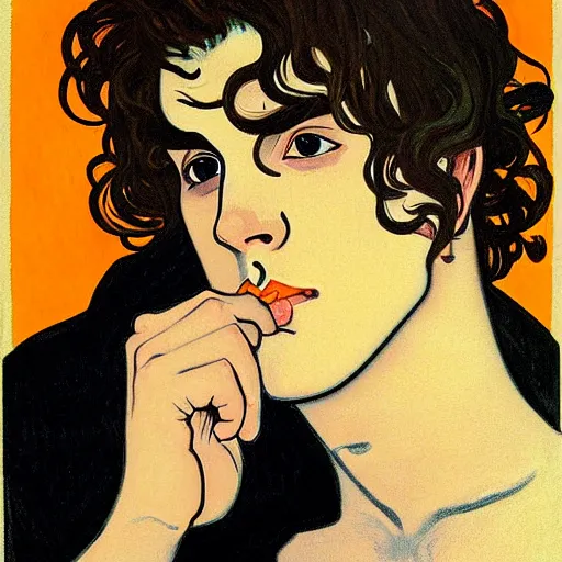 Prompt: painting of young cute handsome beautiful dark medium wavy hair man in his 2 0 s named shadow taehyung at the halloween pumpkin jack o'lantern party, melancholy, autumn colors, japan, elegant, clear, painting, stylized, delicate, soft facial features, delicate facial features, soft art, art by alphonse mucha, vincent van gogh, egon schiele