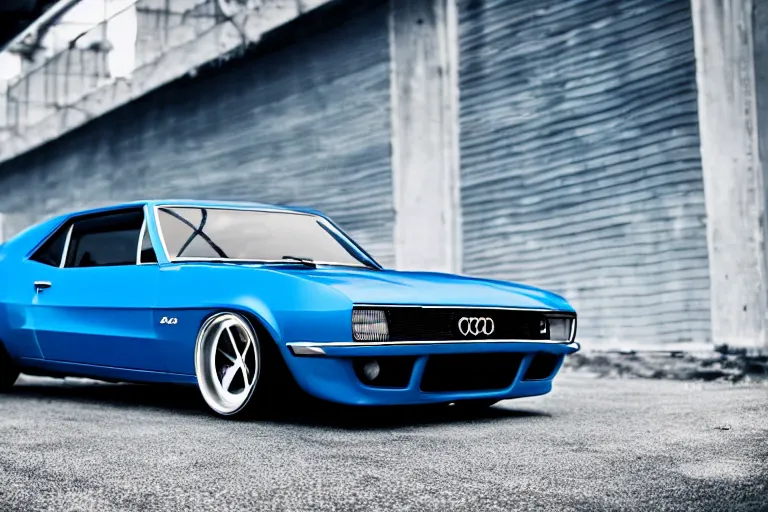 Image similar to blue audi camaro b 1 ( 1 9 6 9 ) drifting, phonk music background, dark