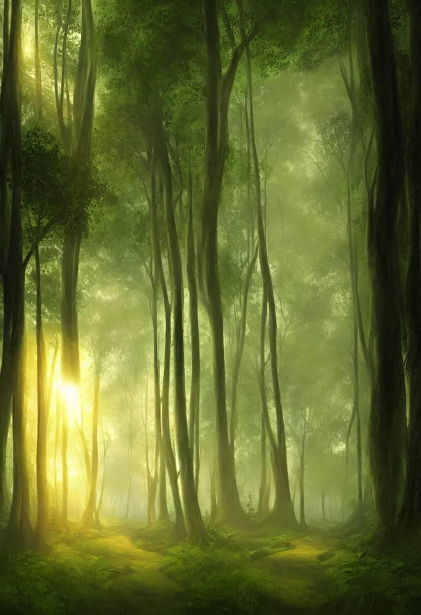 Prompt: backlit path in the middle of a lush green forest at sunset, fog, matte painting, mysticalultra high definition, ultra detailed, symmetry, fog, matte painting, by greg rutkowski and ross tran and wlop