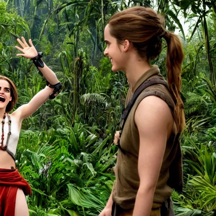 Prompt: Joyful!! smiling Emma Watson wearing cyborg prosthetic, from The emperor's new groove (2000). Clear Hands. Clear body. Light Clothes. Jungle as Background. Cinematic. Professional Photo. Low angle. 8k. Clear Face.