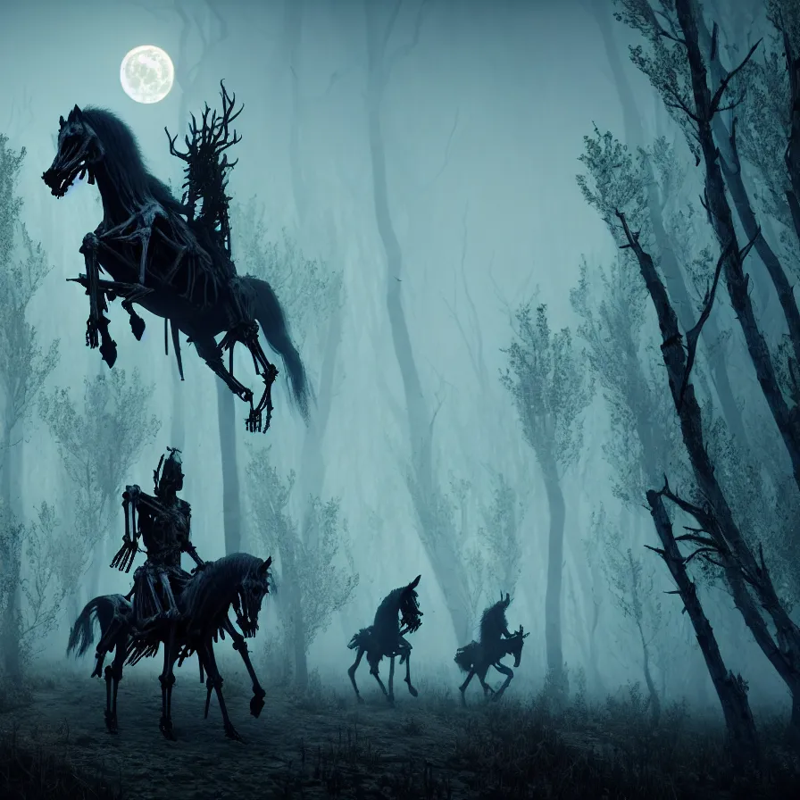 Image similar to the wild hunt, ghost riders in the full moon, skeletal shadow creatures, lurking enchanted forest, blizzard, mist, treacherous road, uneasy atmosphere, from the witcher, cinematic, arnold gpu, octane workflow, 8 k, unreal 5, hyperrealist, intricate digital art, volumetric lighting, trending artstation, dark fantasy