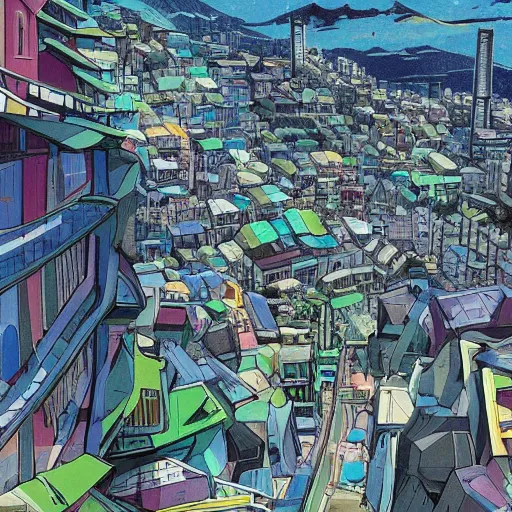 Image similar to futuristic city on a mountainside, colorful city, megacity, clouds on mountain, buildings on mountainside, looking down street, ultra - long street, liminal spaces, sloped street going down, downward slope, cel - shading, cel - shaded, 2 0 0 1 anime, bright sunshine