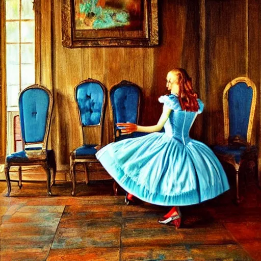 Image similar to alice in the wonderland, chairs, sitting, wood floor, blue dress, blonde by cheval michael