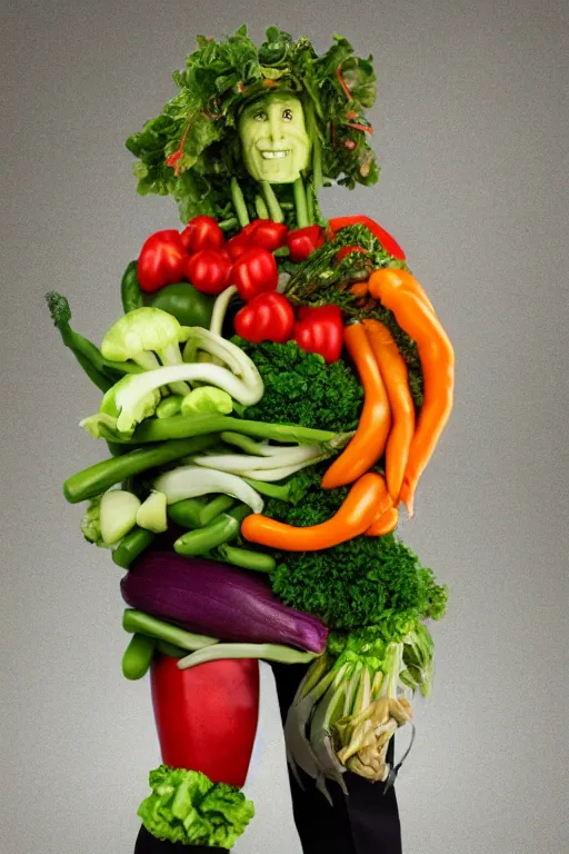 Prompt: a human full body made of vegetables