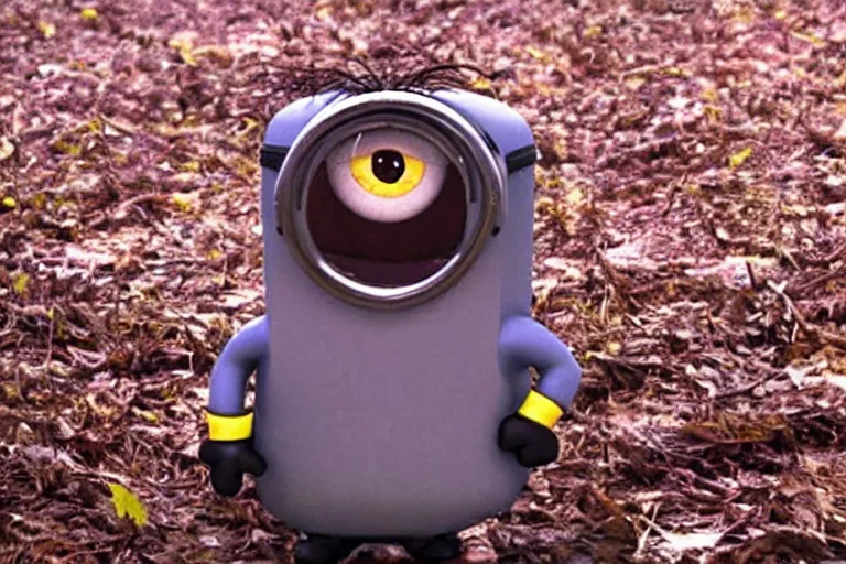 Image similar to a vhs still of a minion in blair - witch project ( 1 9 9 9 ), real life, chromatic abberation, low saturation, cinematic, detailed, move still, ultra realistic face, accurate, 8 k, hd