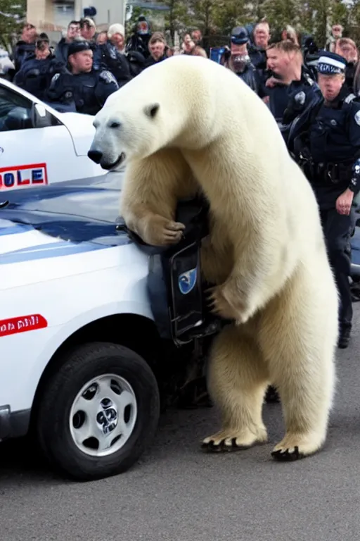 Image similar to A polar bear getting arrested by the police