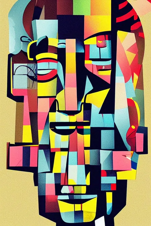 Image similar to cubist moai statue cutout digital illustration cartoon colorful beeple