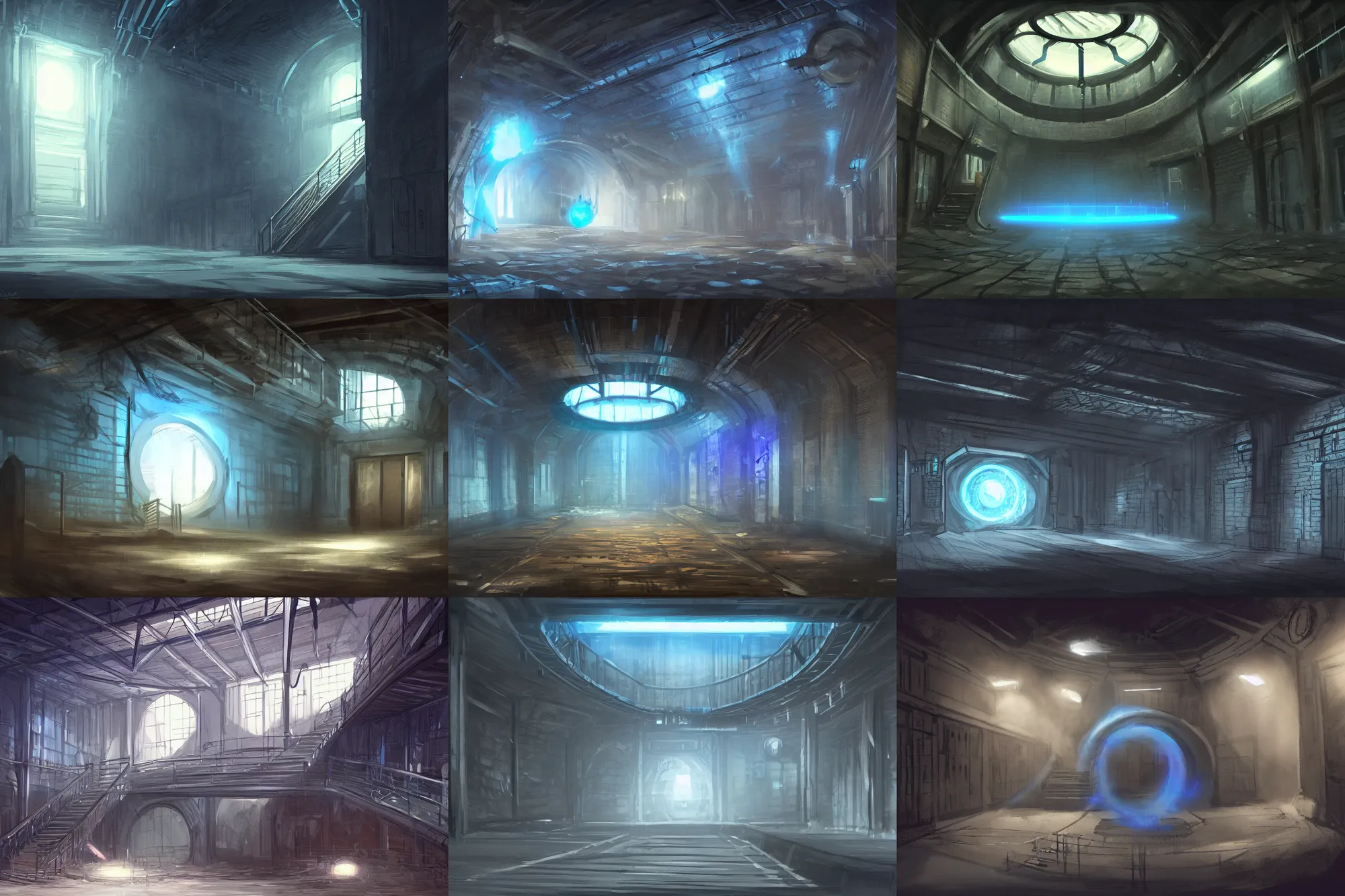 Prompt: huge dark warehouse, in the middle of the room steps leading to circular gate, blue glowing time portal contained within, concept art, artstation