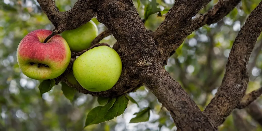 Prompt: an extreme close - up photographic picture of an apple on a tree, photographic filter, unreal engine 5, realistic, hyperdetailed, 8 k, cinematic, volumetric lighting, very realistic effect, hd, hdr, 4 k, sharp focus, octane render, ultra detailed, high resolution, trending on artstation in the style of albert dros glowing rich colors powerful imagery