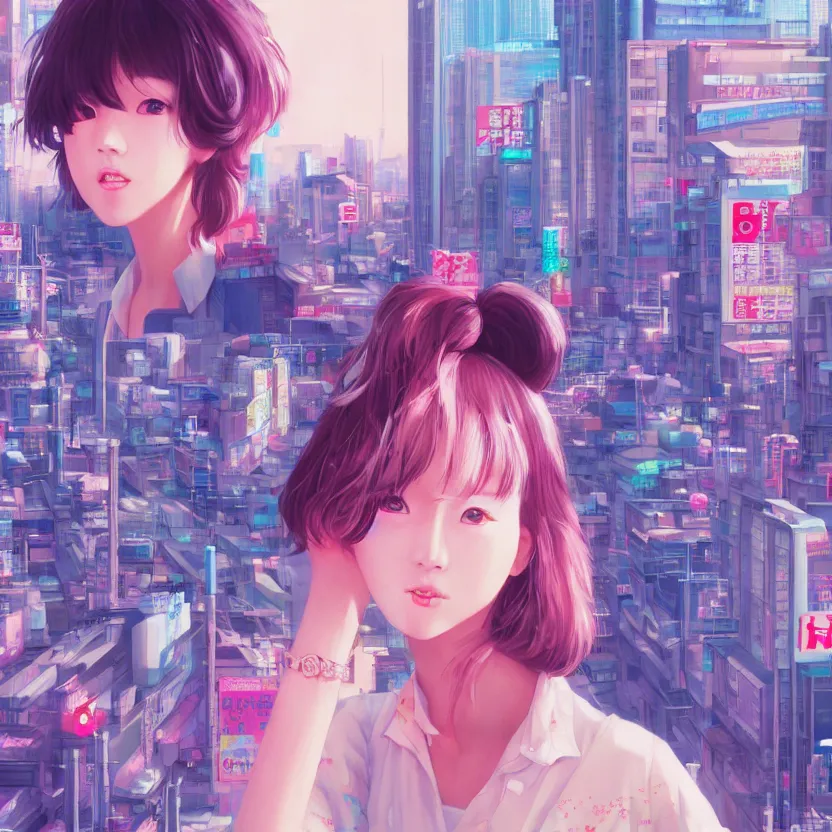 Image similar to 1 9 8 0 s japanese girl in a city pop city, hyper detailed, 8 k, trending, in artstation, digital painting, studio quality, cryengine, character design, smooth, sharp focus