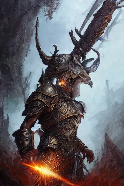 Image similar to Huge fishheaded warrior in armor, portrait, woodlands, magic the gathering artwork, D&D, fantasy, cinematic lighting, centered, symmetrical, highly detailed, digital painting, artstation, concept art, smooth, sharp focus, illustration, volumetric lighting, epic Composition, 8k, art by Akihiko Yoshida and Greg Rutkowski and Craig Mullins, oil painting, cgsociety