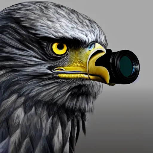 Prompt: A extremely realistic photo of a eagle with night vision goggles on its eyes, standing bird, sharp claws, cloudy, midnight, smoke, ultra high detail digital art, trending on Artstation, unreal engine