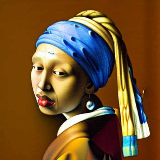 Prompt: a black african woman with a cowry shell ear ring, colourful background, by vermeer