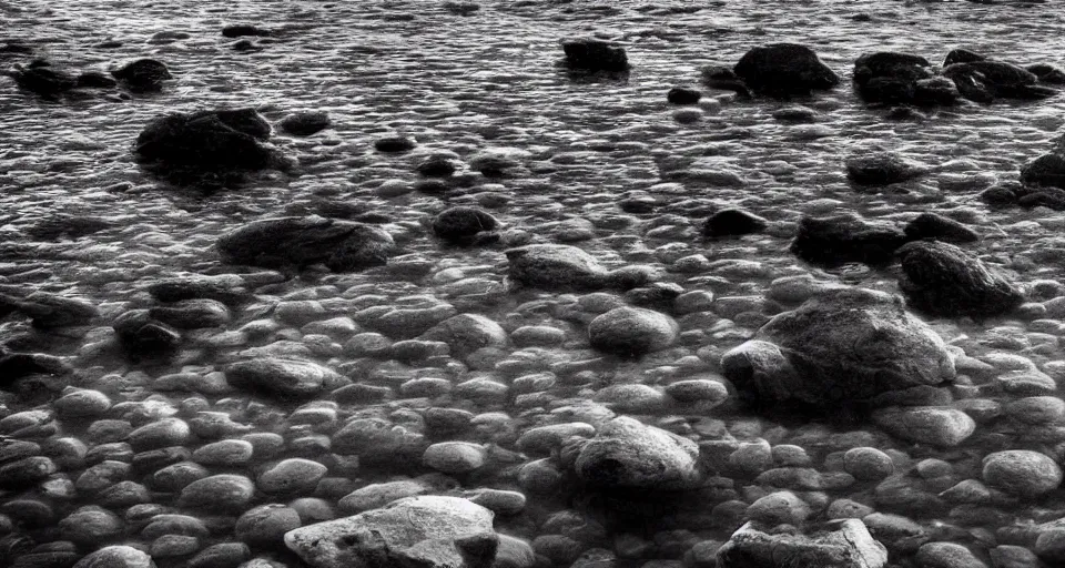 Image similar to extreme low angle camera lens partially submerged in water showing the surface of a lake with a rocky lake shore in the foreground, hexagonal rocks, geometric rocks, scene from a film directed by charlie kaufman ( 2 0 0 1 ), foggy volumetric light morning, extremely moody, cinematic shot on anamorphic lenses