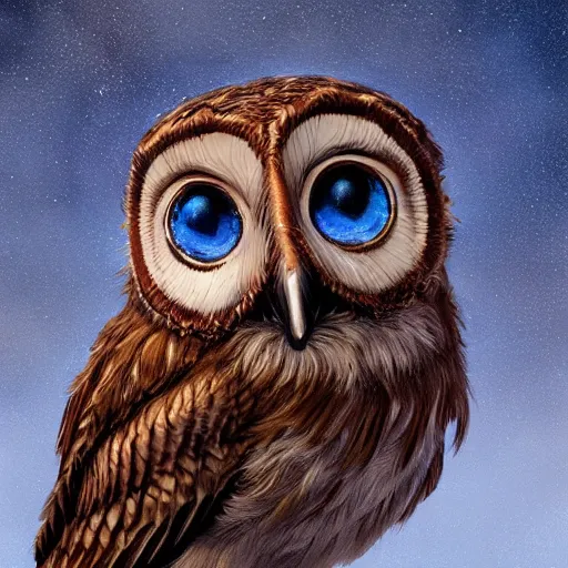 Prompt: a small brown elf owl with blue eyes, artstation, by Anna Podedworna