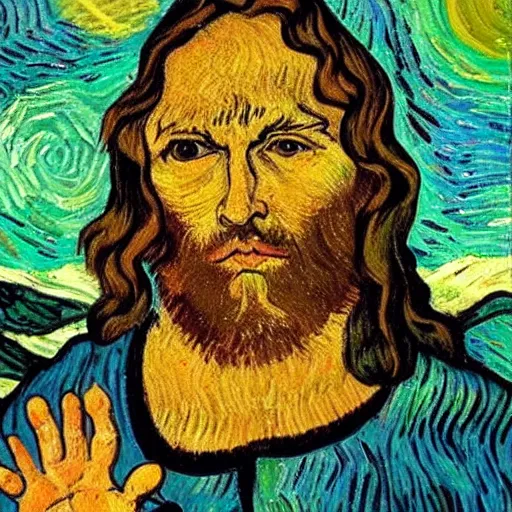 Image similar to jesus spreads his hands against the background of growing cannabis. an oil painting in the style of van gogh