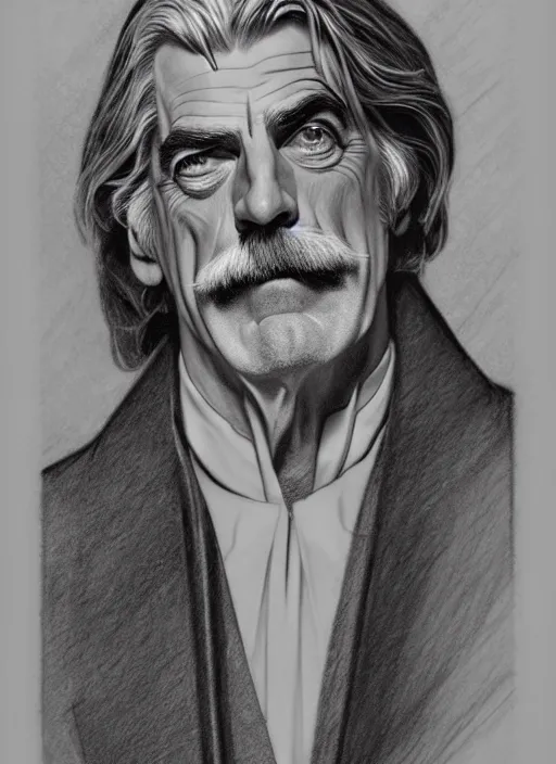 Image similar to hyperrealist pencil sketch of sam elliott as dracula by david malan and alphonse mucha, fantasy art, drawing, dynamic lighting, artstation, poster, volumetric lighting, very detailed faces, 4 k, award winning