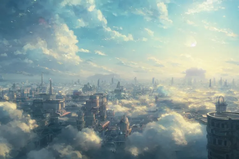 Image similar to ultra realistic city floating on clouds, colors, 8 k, hd, details, fantasy, epic, ancient city, landscape illustration concept art anime key visual trending pixiv fanbox by wlop and greg rutkowski and makoto shinkai and studio ghibli and kyoto animation symmetrical facial features