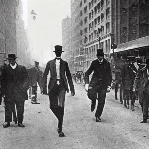 Image similar to a vintage photography of slenderman rampage through New York Streets, 1900's,